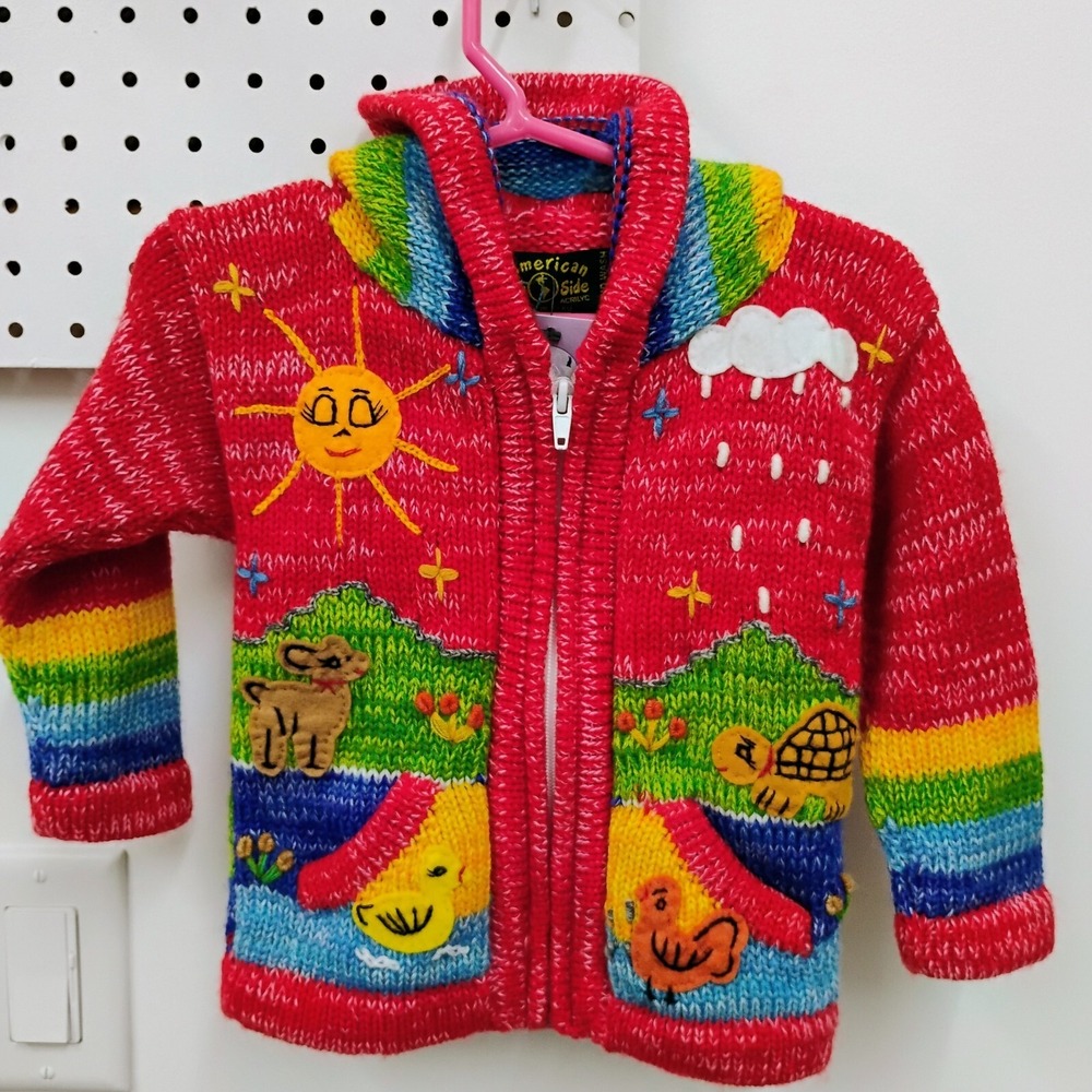 Children's‎ Toddler Peruvian Sweater Red Embroidered Zip-Up Rainbow Hooded Sz 2